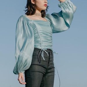 Line & Dot Silky Aqua colored blouse,  balloon sleeves & rushed bodice. size M